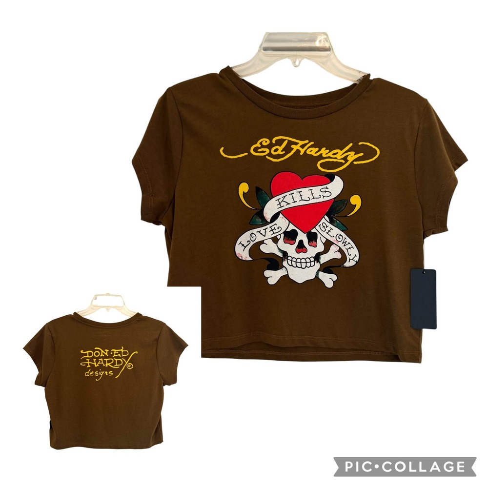 Ed Hardy Love Kills Slowly Brown Graphic Shirt Crop Top Girls XL EHW1104 NEW Y2K